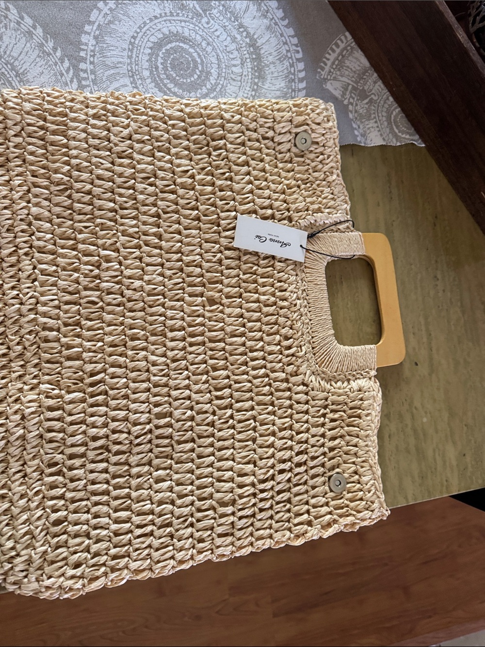 Straw Weave Tote Bag with Wooden Handles - Natural